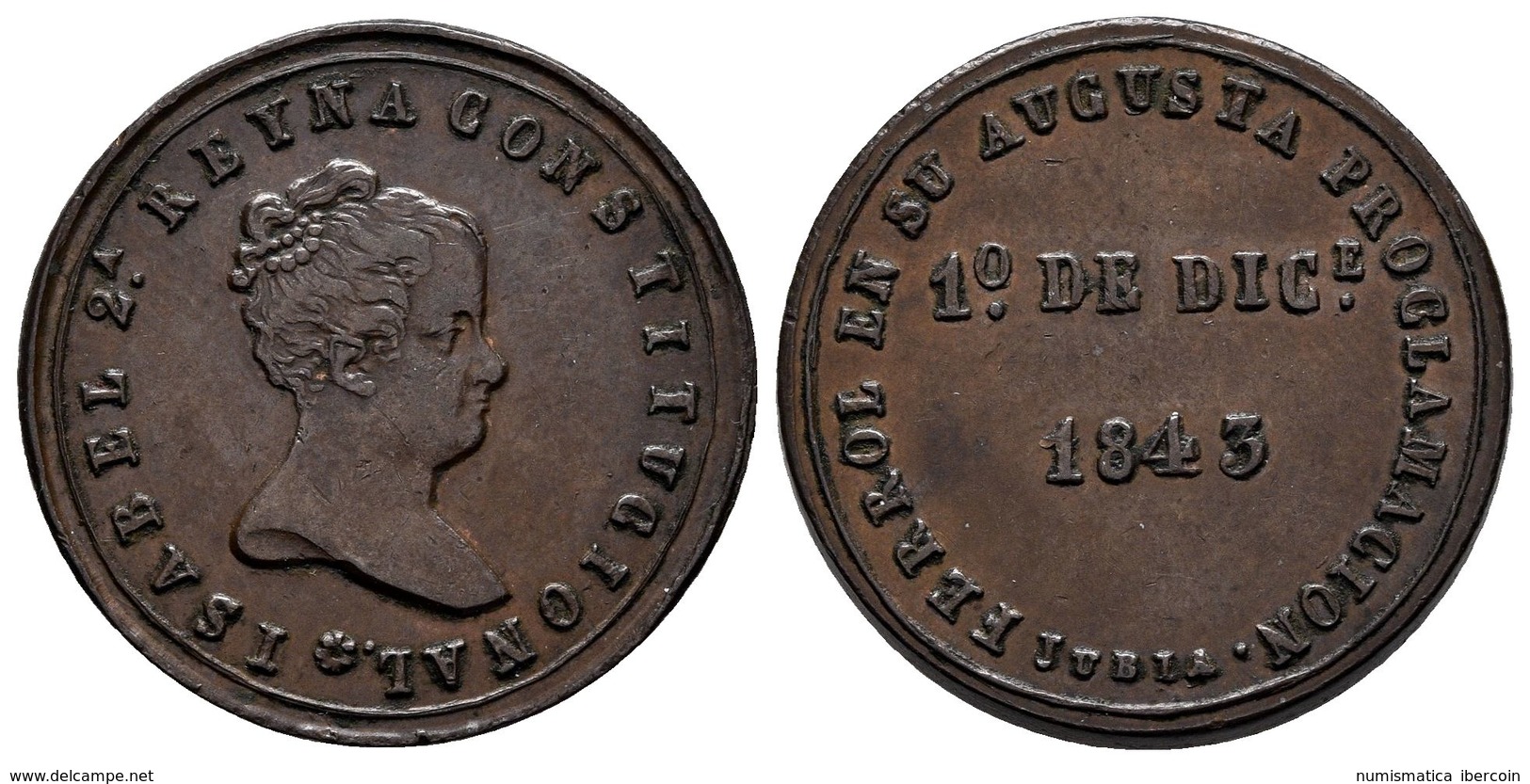 ISABEL II. Medalla Mayoría De Edad. El Ferrol. 1843. Jubia. He-7. Ae. 8,28g. EBC-. - Other & Unclassified