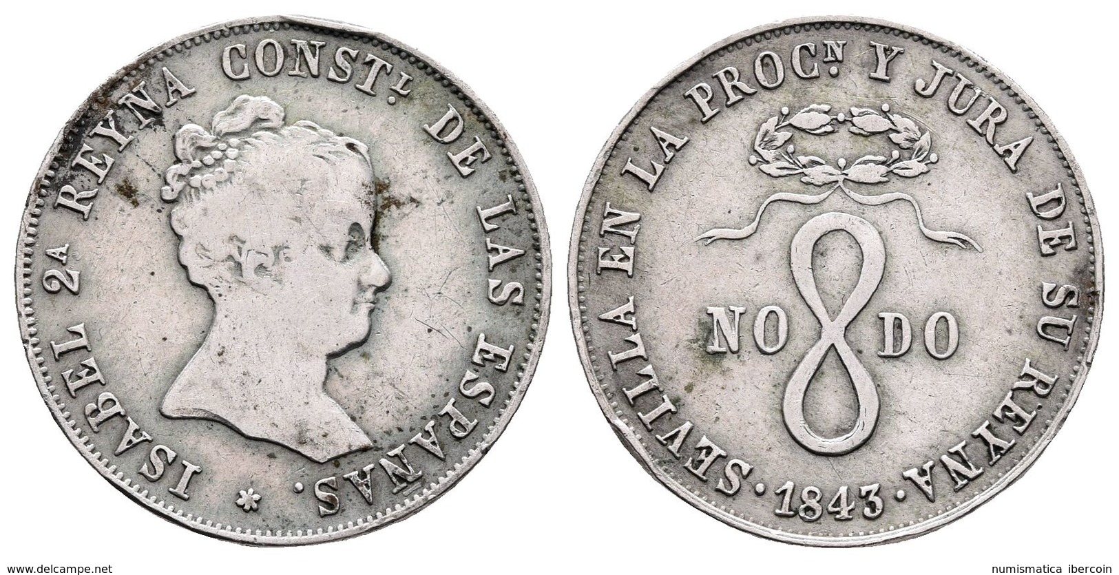 ISABEL II. Medalla De Mayoría De Edad. Módulo De 4 Reales. 1843. Sevilla. He-17. Ar. 5,87g. MBC-/MBC. - Other & Unclassified