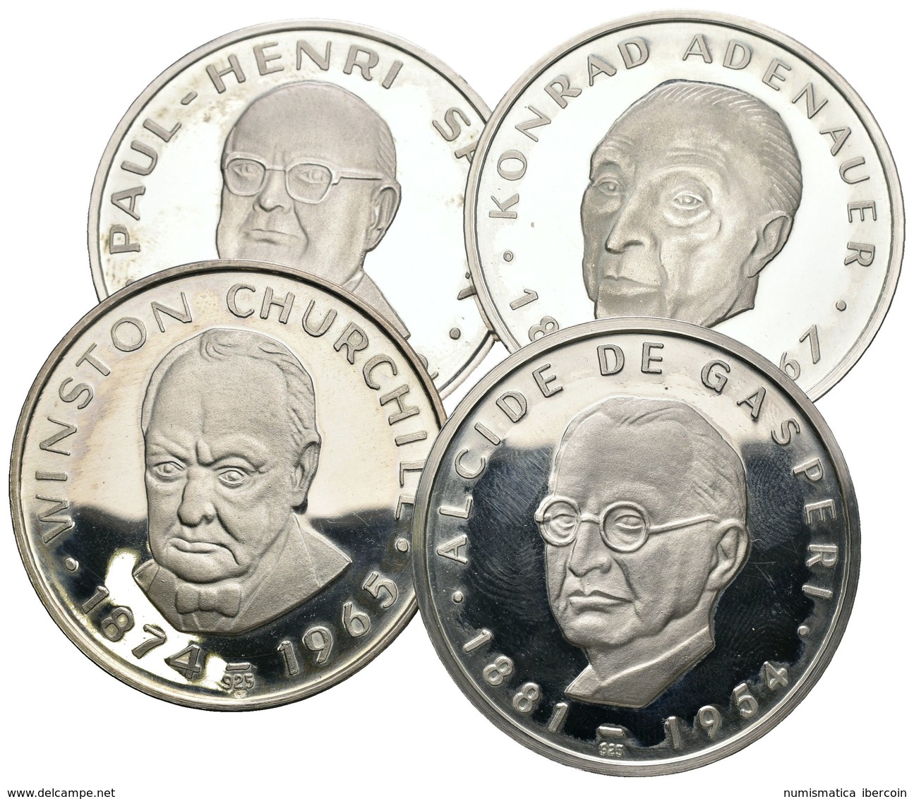 MEDALLAS. Lote Compuesto Por 4 Medallas De Plata Tipo Thaler De Personalidades: Winston Churchill, Konrad Adernauer, Pau - Other & Unclassified