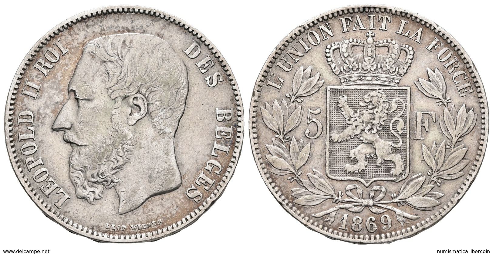 BELGICA. Leopoldo II. 5 Francs. 1869. Viena. Km#24.1. Ar. 24,92g. Marquitas. MBC. - Otros & Sin Clasificación