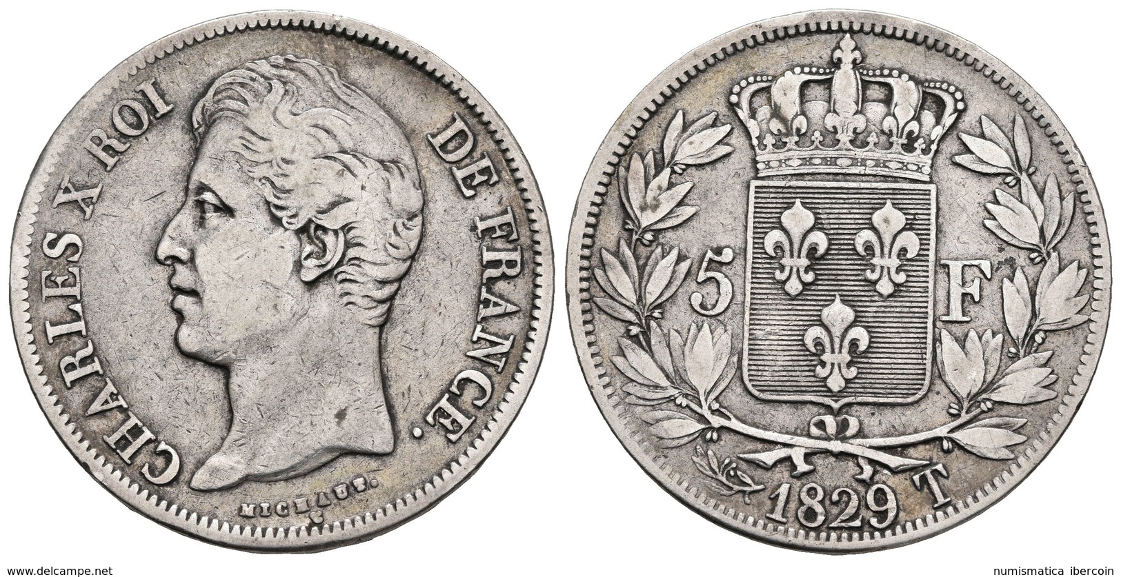 FRANCIA. Carlos X. 5 Francs. 1829. Nantes T. Gad.644 ; F.311. Ar. 24,69g. MBC-. - Sonstige & Ohne Zuordnung