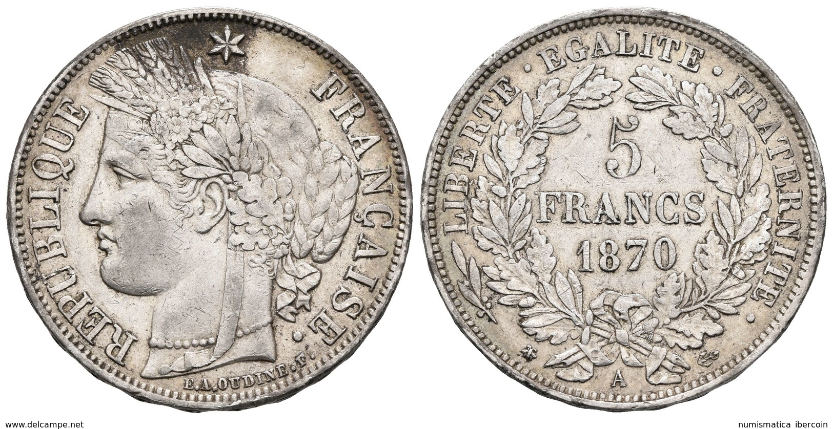 FRANCIA. 5 Francs. 1870. Paris A. KM#819. Ar. 24,94g. MBC. - Otros & Sin Clasificación