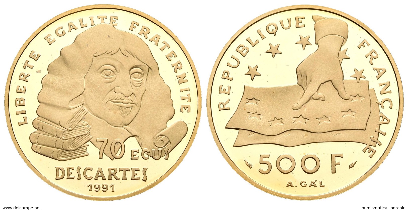 FRANCIA. 500 Francs-70 Ecus. 1991. Descartes. Descartes. Acuñación De 3000 Ejemplares. Km#1003; Fr-623. Au. 17,00g. Incl - Otros & Sin Clasificación