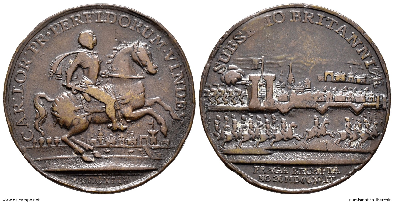 GRAN BRETAÑA. Medalla Receptiva De Praga. 26 Noviembre 1744. A/ Estatua Ecuestre De Carlos De Lorena A Derecha. CAR:LOR: - Otros & Sin Clasificación