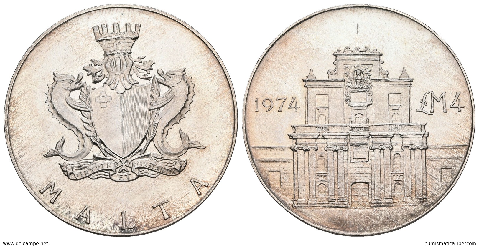 MALTA. 4 Pounds. 1974. Cottonera Gate. Km#25. Ar. 20,03g. SC. - Sonstige & Ohne Zuordnung