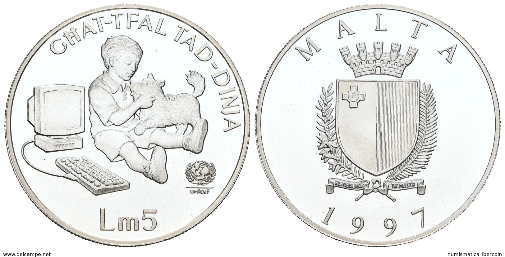 MALTA. 5 Liri. 1997. Unicef. Incluye Certificado. Km#115. Ar. 28,40g. SC. Proof. - Sonstige & Ohne Zuordnung