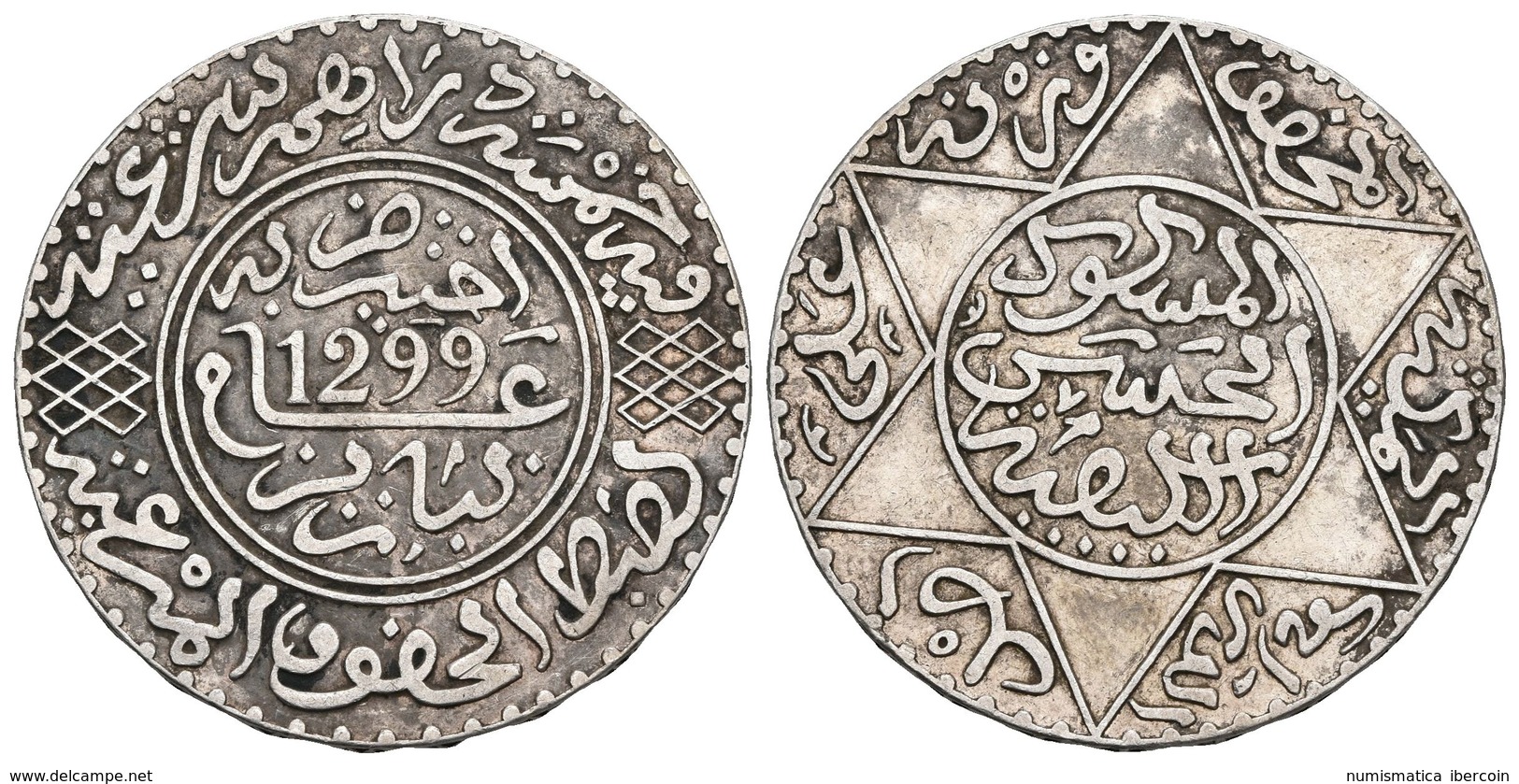 MARRUECOS. Moulay Al-Hasan I. 10 Dirhams (Ryal). 1881 (AH 1299). Paris. Km#Y8. Ar. 14,50g. MBC. - Otros & Sin Clasificación