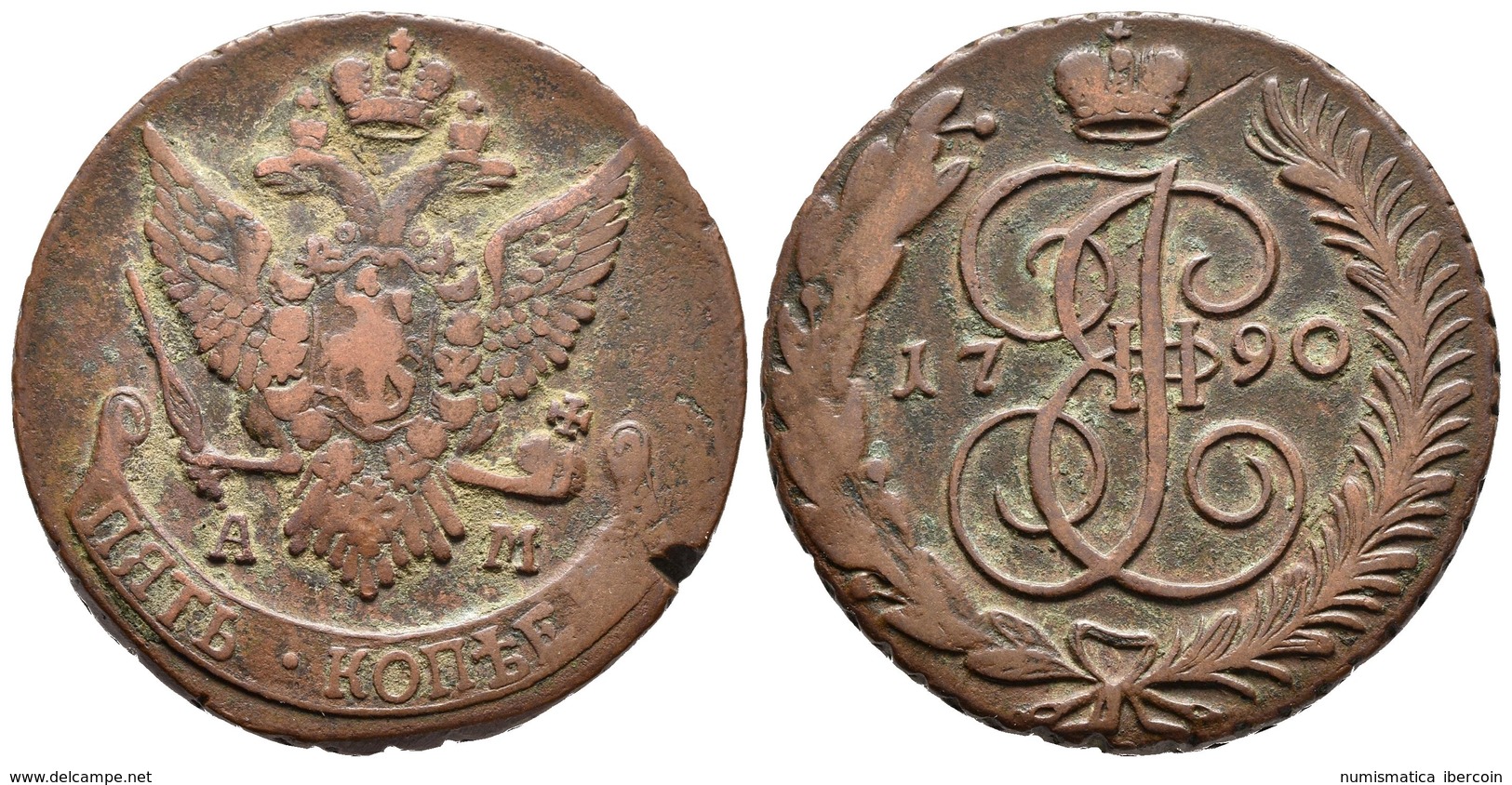 RUSIA. Catherina II. 5 Kopeks. 1790. Annensk AM. Km#59.2; Bitkin 860. Ae. 53,35g. MBC/MBC+. - Otros & Sin Clasificación