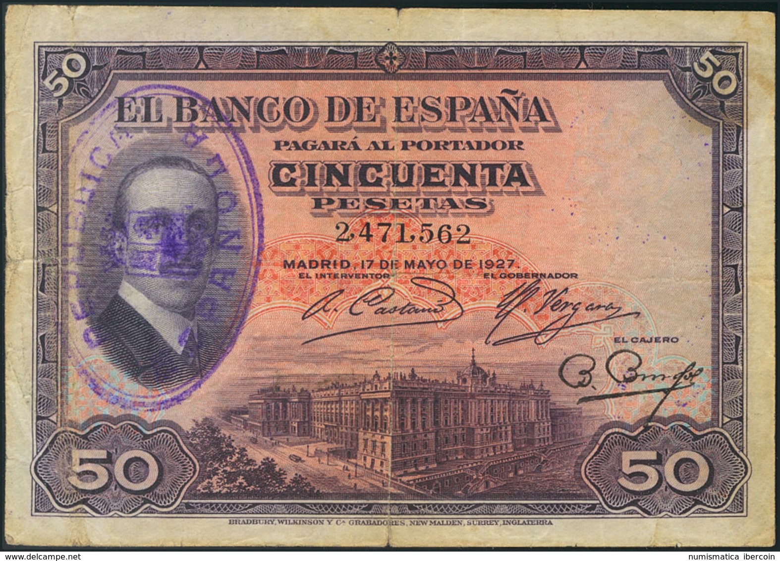 50 Pesetas Resellado REPUBLICA / ESPAÑOLA Sobre El Billete Del 17 De Mayo De 1927. (Edifil 2017: 332). BC. - Other & Unclassified