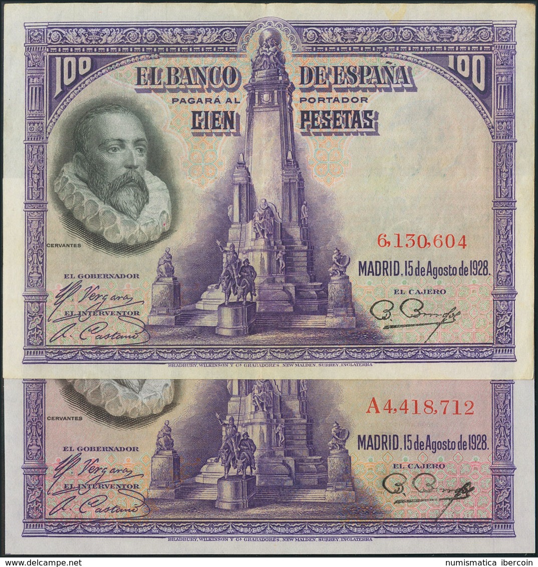 Conjunto De Dos Billetes De 100 Pesetas De La Emisión Del 15 De Agosto De 1928. Sin Serie Y Serie A. (Edifil 2017: 355,  - Otros & Sin Clasificación