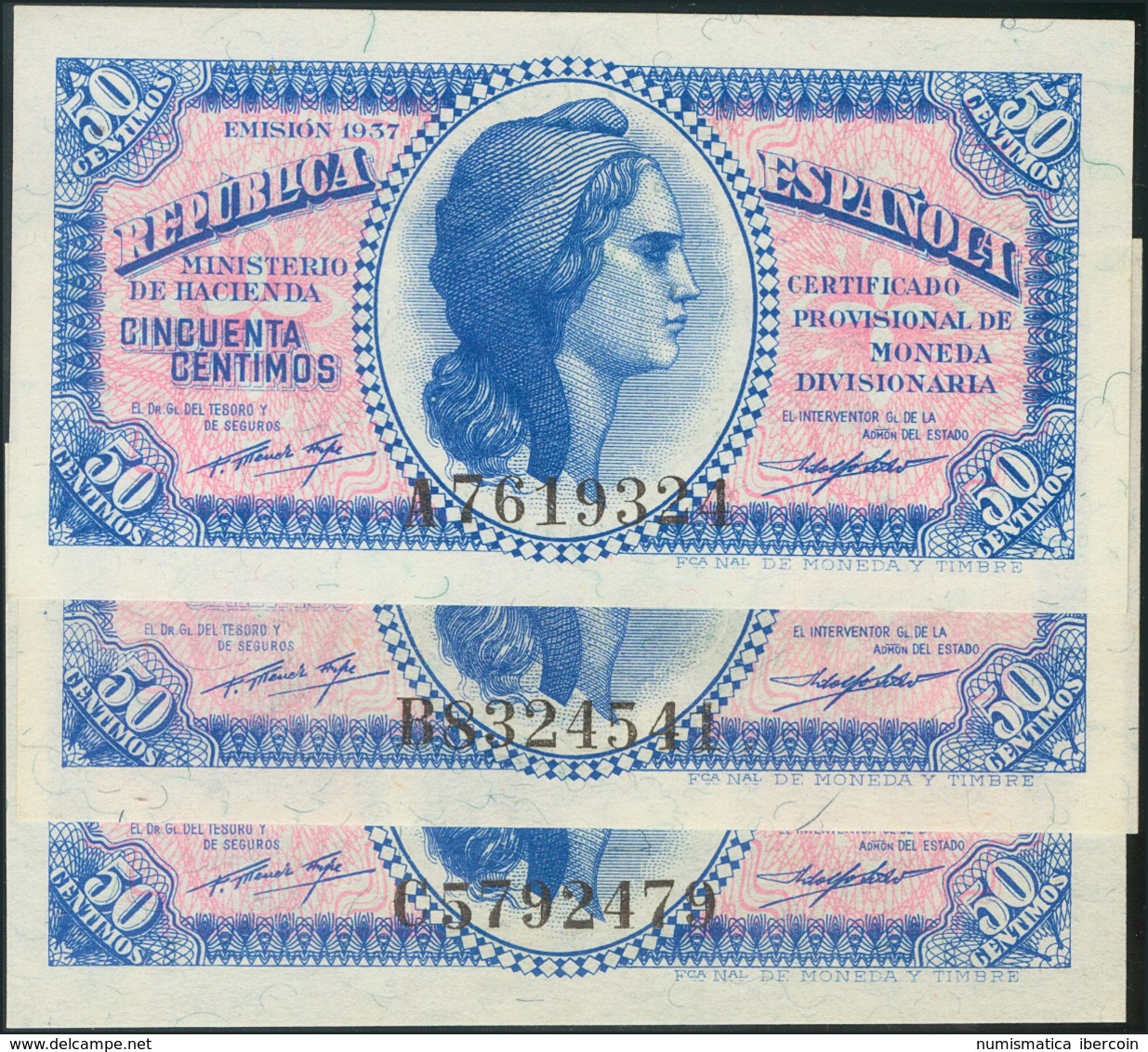 Conjunto De Tres Billetes De 50 Céntimos De La Emisión Del 18 De Enero De 1938, Con Las Tres Series Conocidas A, B Y C.  - Otros & Sin Clasificación