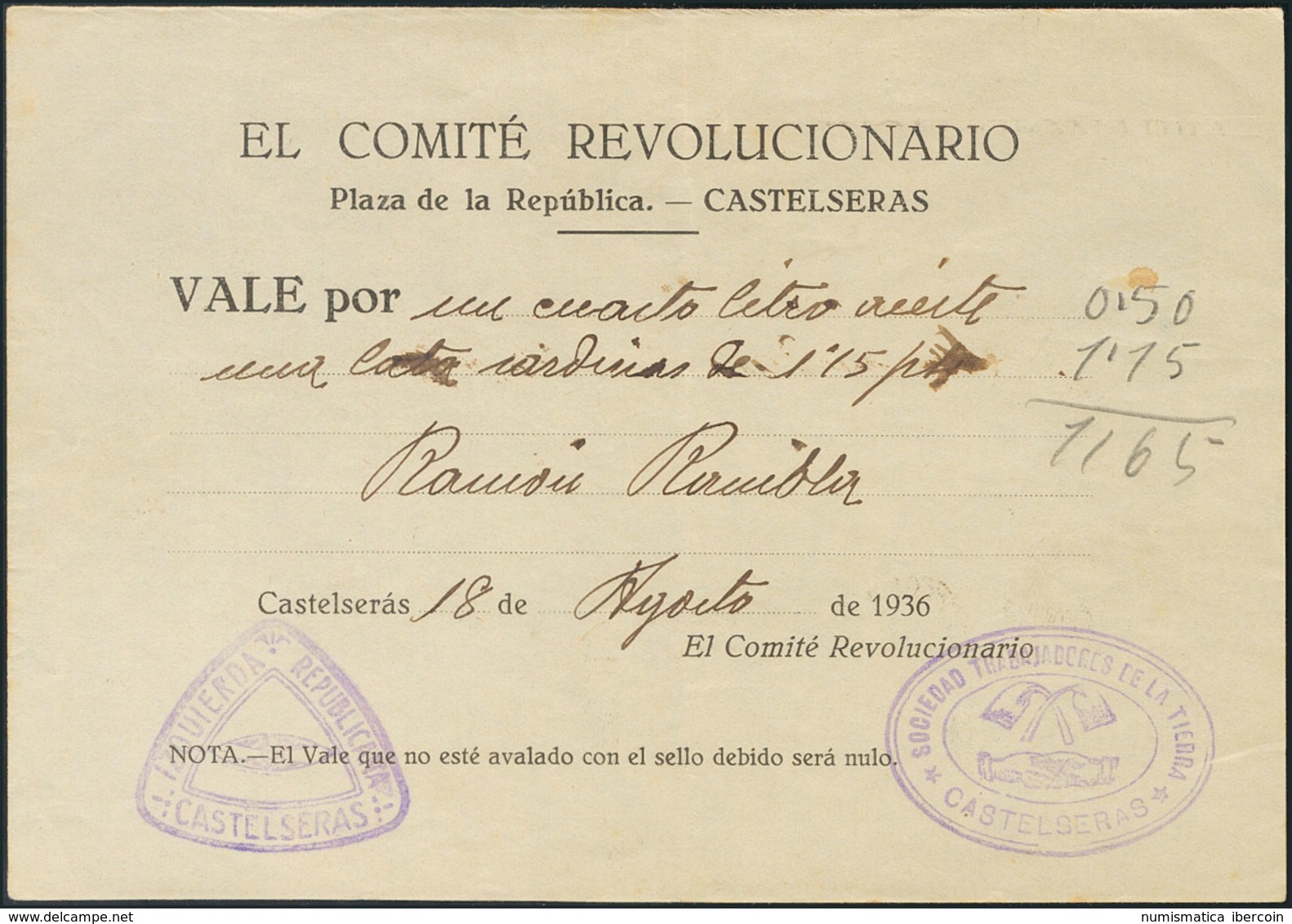 Vale Emitido Por El Comité Revolucionario De Castelseras (Teruel), Fechado El 18 De Agosto De 1936, Con Las Marcas IZQUI - Other & Unclassified