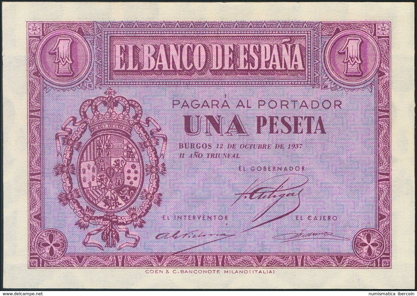 1 Peseta. 12 De Octubre De 1937. Serie A. (Edifil 425). SC. - Other & Unclassified