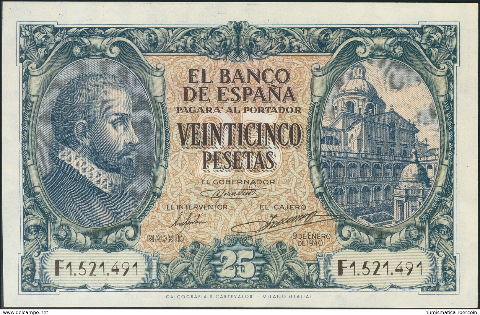 25 Pesetas. 9 De Enero De 1940. Serie F. (Edifil 2017: 436a). SC-. - Other & Unclassified