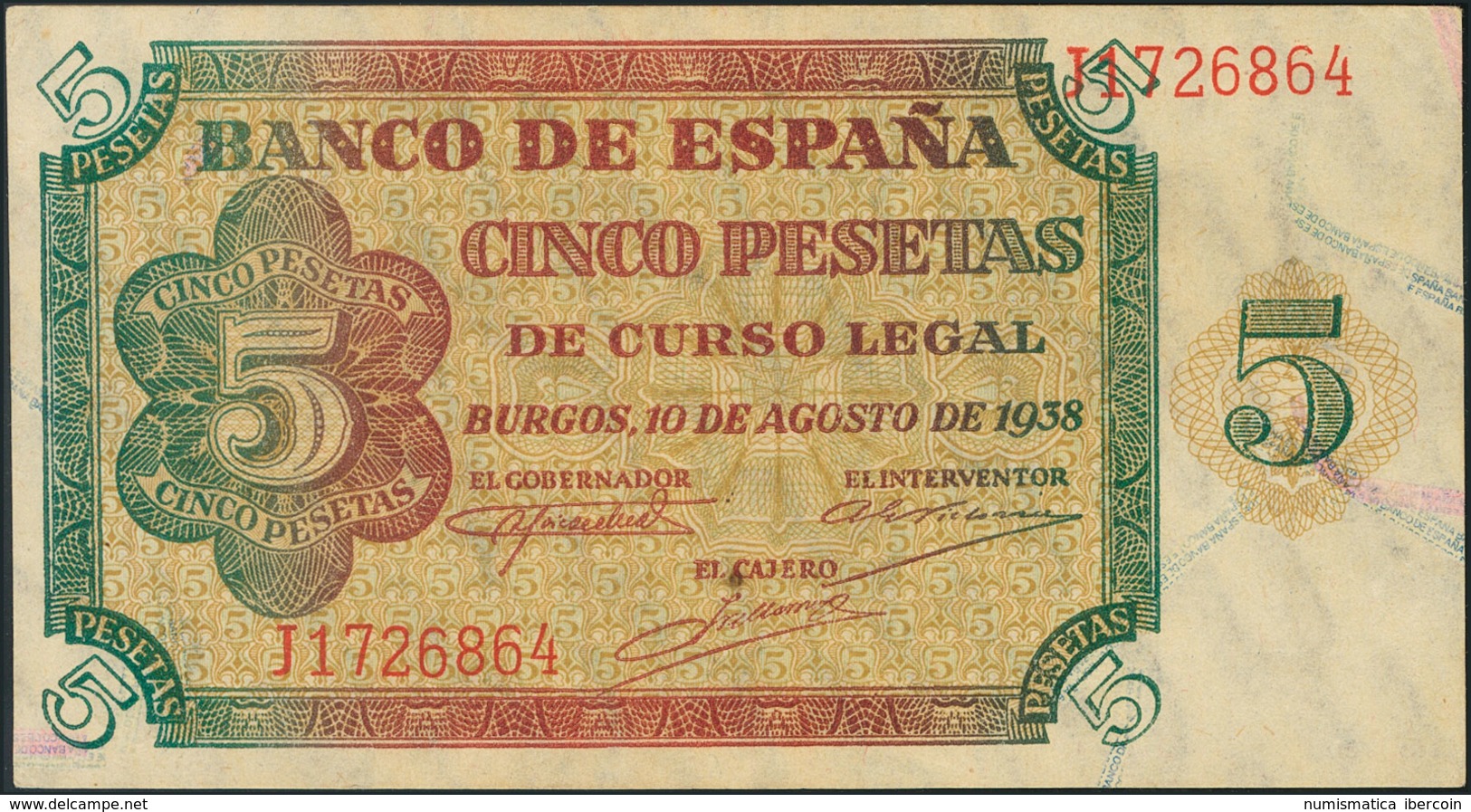 5 Pesetas. 10 De Agosto De 1938. Banco De España, Burgos. Serie J. (Edifil 2017: 435a). EBC+. - Other & Unclassified