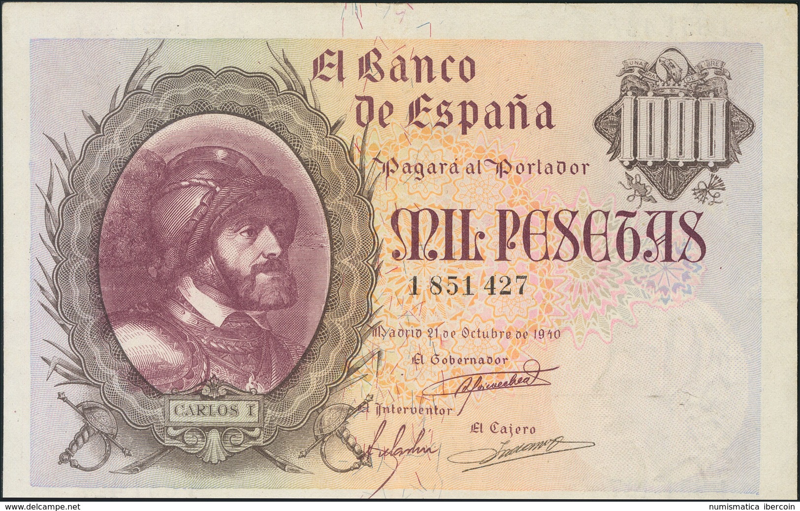 1000 Pesetas. 21 De Octubre De 1940. (doblez Vertical) (Edifil 2017: 445). EBC-. - Autres & Non Classés