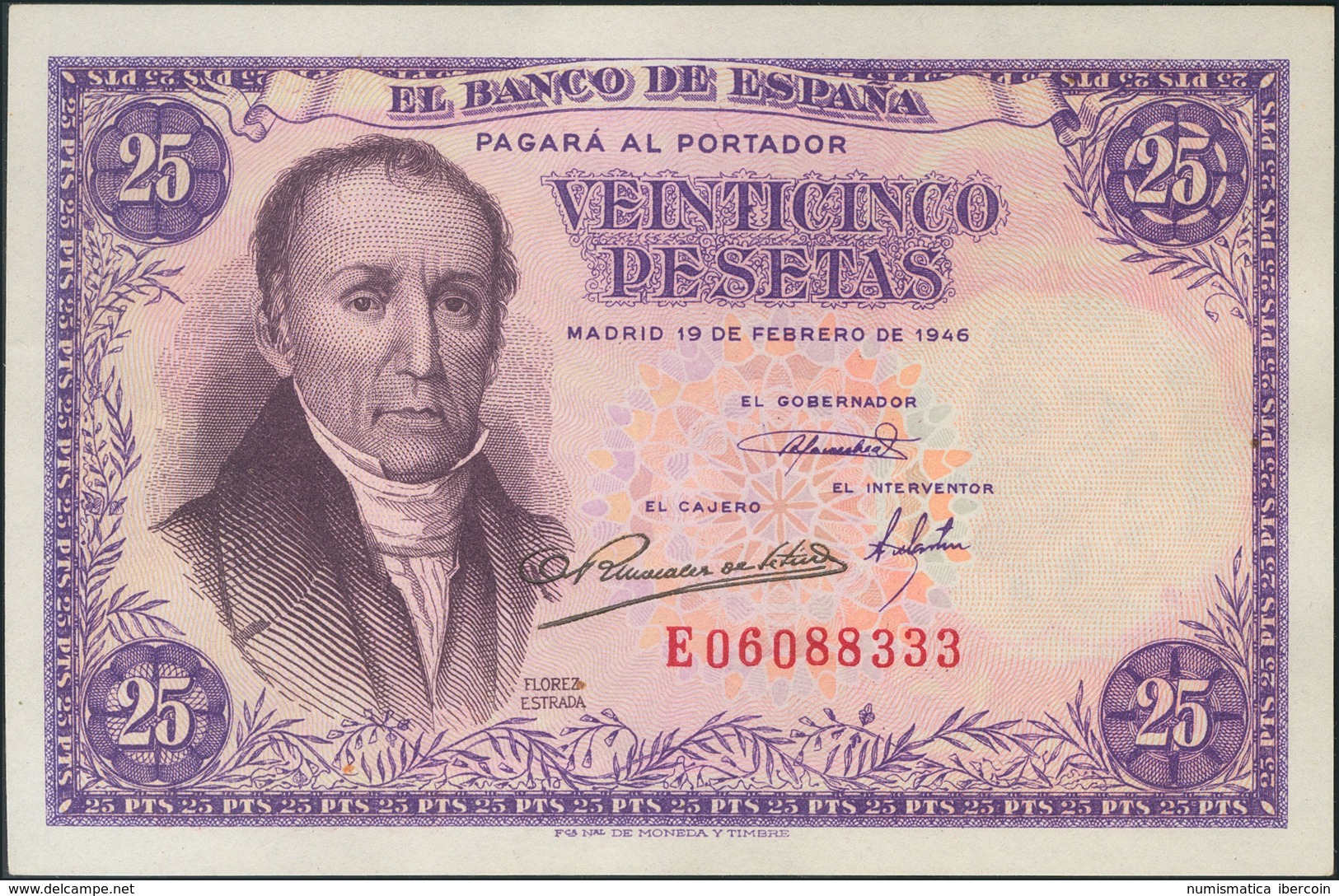 25 Pesetas. 19 De Febrero De 1946. Serie E. (Edifil 2017: 450a). SC-. - Other & Unclassified