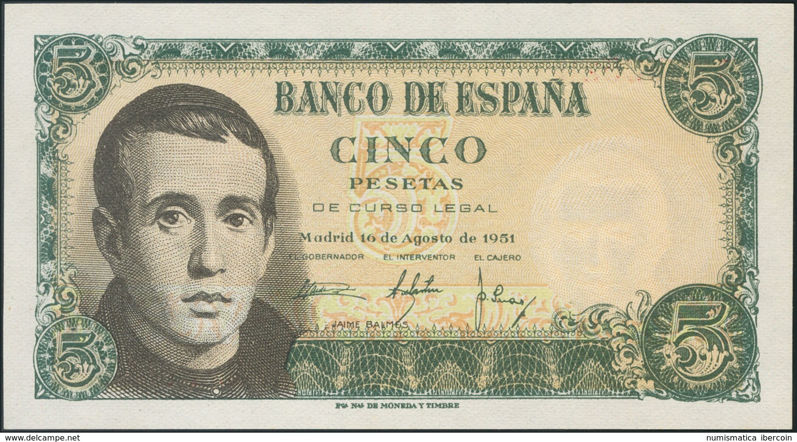 5 Pesetas. 16 De Agosto De 1951. Serie J. (Edifil 2017: 459a). SC. - Otros & Sin Clasificación