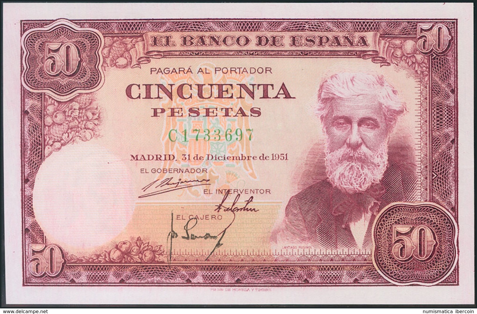 50 Pesetas. 31 De Diciembre De 1951. Serie C. Apresto Original. (Edifil 2017: 462a). SC. - Other & Unclassified