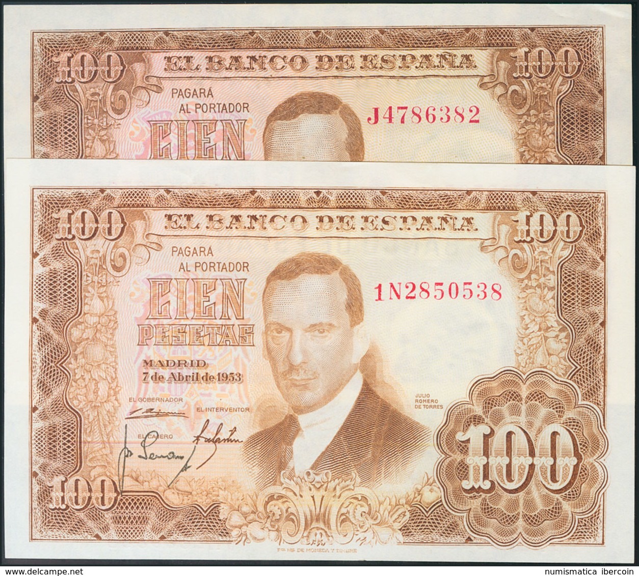 Conjunto De Dos Billetes De 100 Pesetas De La Emisión Del 7 De Abril De 1953. Serie J Castaño Oscuro Y Serie 1N Castaño  - Otros & Sin Clasificación