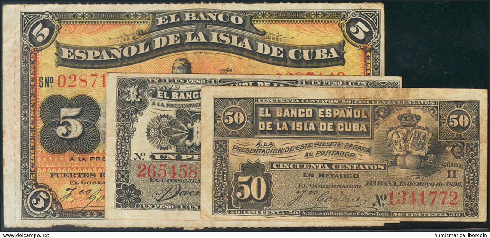 Conjunto De Billetes De Cuba De La Emisión Del 15 De Agosto De 1896 Correspondientes A Los Valores De 50 Centavos, 1 Pes - Otros & Sin Clasificación