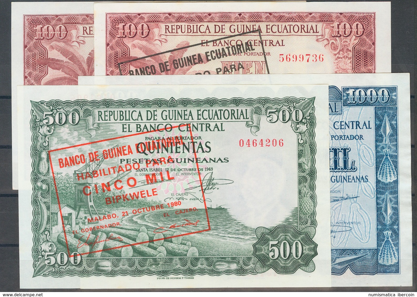 Conjunto De 4 Billetes De Guinea Ecuatorial De La Emisión Del 12 De Octubre De 1969 De 100 Y 1000 Pesetas Guineanas Y De - Otros & Sin Clasificación