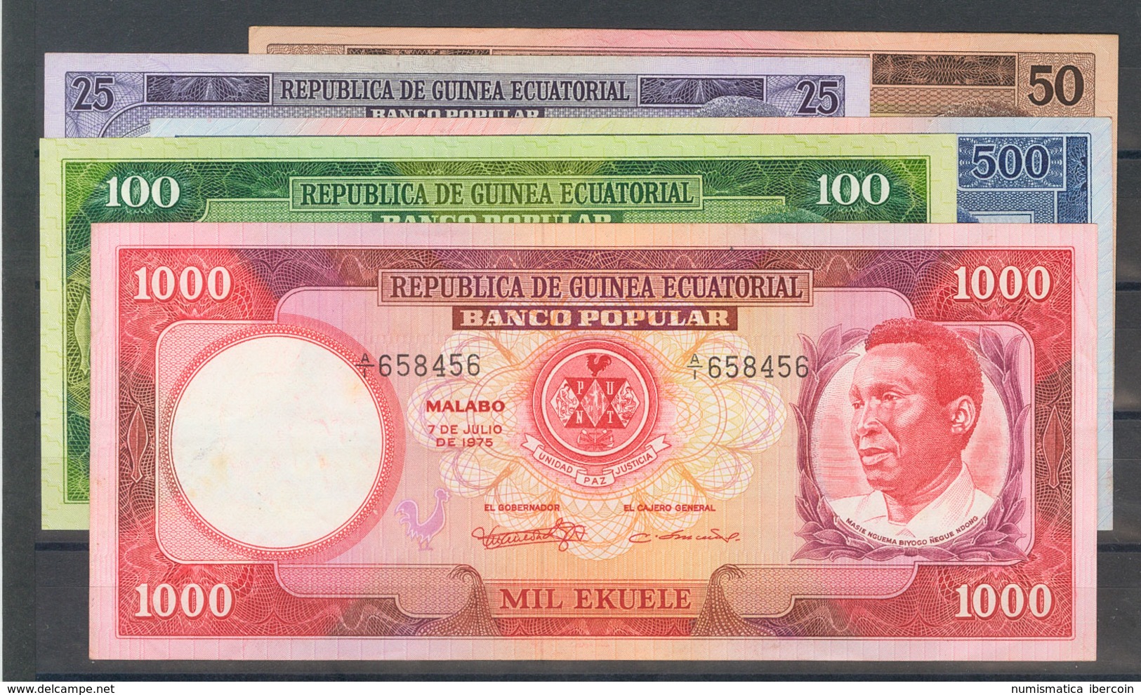 Serie Completa De Cinco Billetes De Guinea Ecuatorial De La Emisión Del 7 De Julio De 1975. (WPM: 4/8). EBC+/SC. - Otros & Sin Clasificación