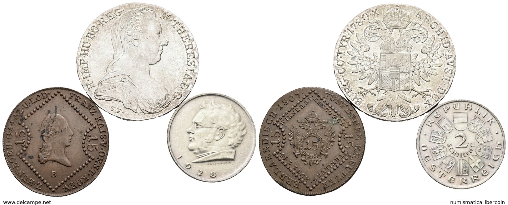 AUSTRIA. Lote Compuesto Por 3 Monedas. 15 Kreuzer 1807 B. Km#2138, Thaler 1780 (Reacuñación Oficial). Km#T1 Y 2 Schillin - Other & Unclassified