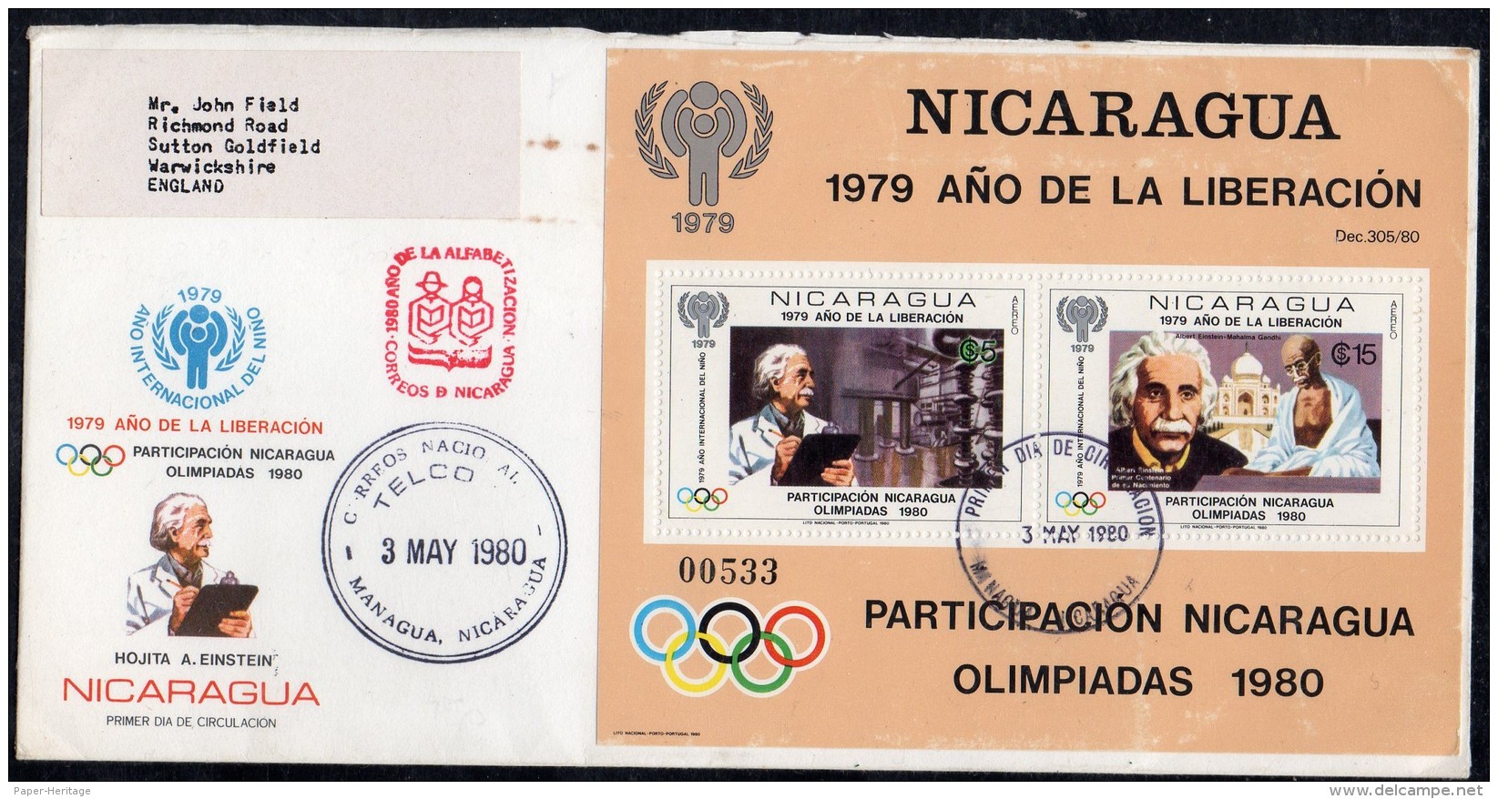 Nicaragua 1980 (May 3) Fdc MS 2229 Einstein Ghandi IYC 1980 Moscow Olympics Taj Mahal - Nicaragua