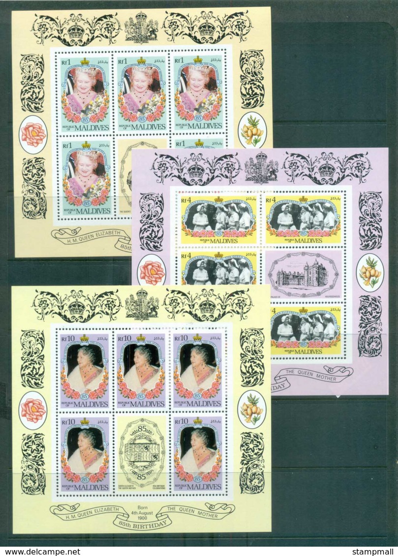 Maldive Is 1986 Queen Mother Birthdat 1,4.10r Sheetlets MUH Lot79929 - Maldives (1965-...)