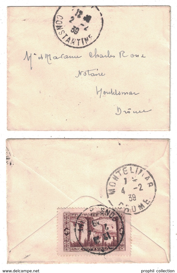 1939 - TIMBRE 40c N° 110 SEUL Sur ENVELOPPE PETIT FORMAT (CARTE DE VISITE ?) DE CONSTANTINE Pour MONTELIMAR DROME FRANCE - Covers & Documents