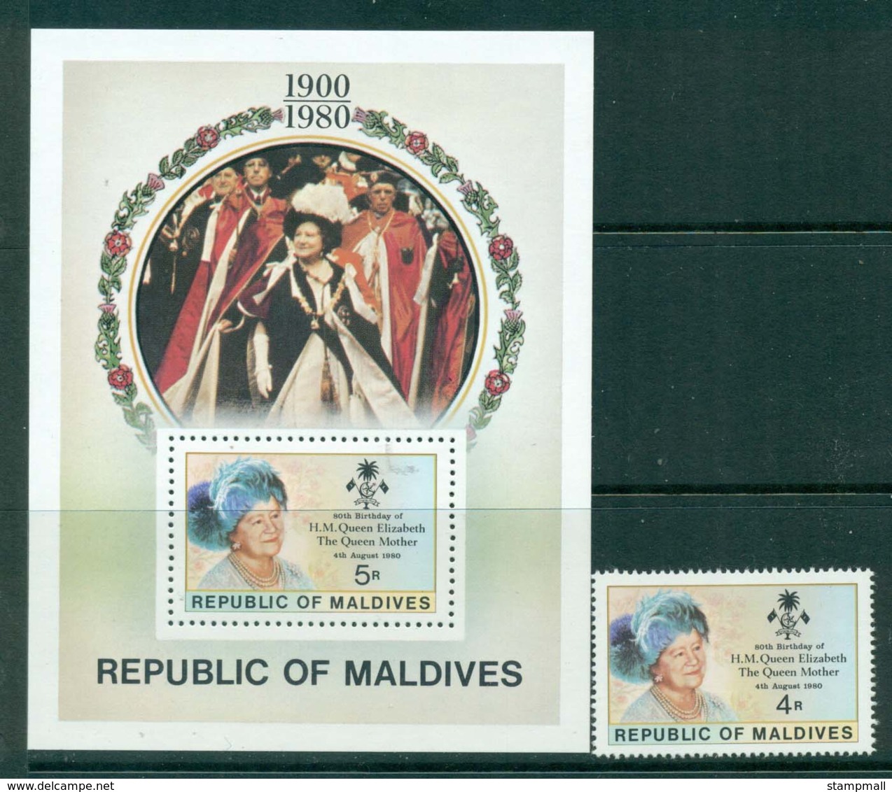 Maldives 1980 Queen Mother 80th Birthday + MS MUH Lot30411 - Maldives (1965-...)