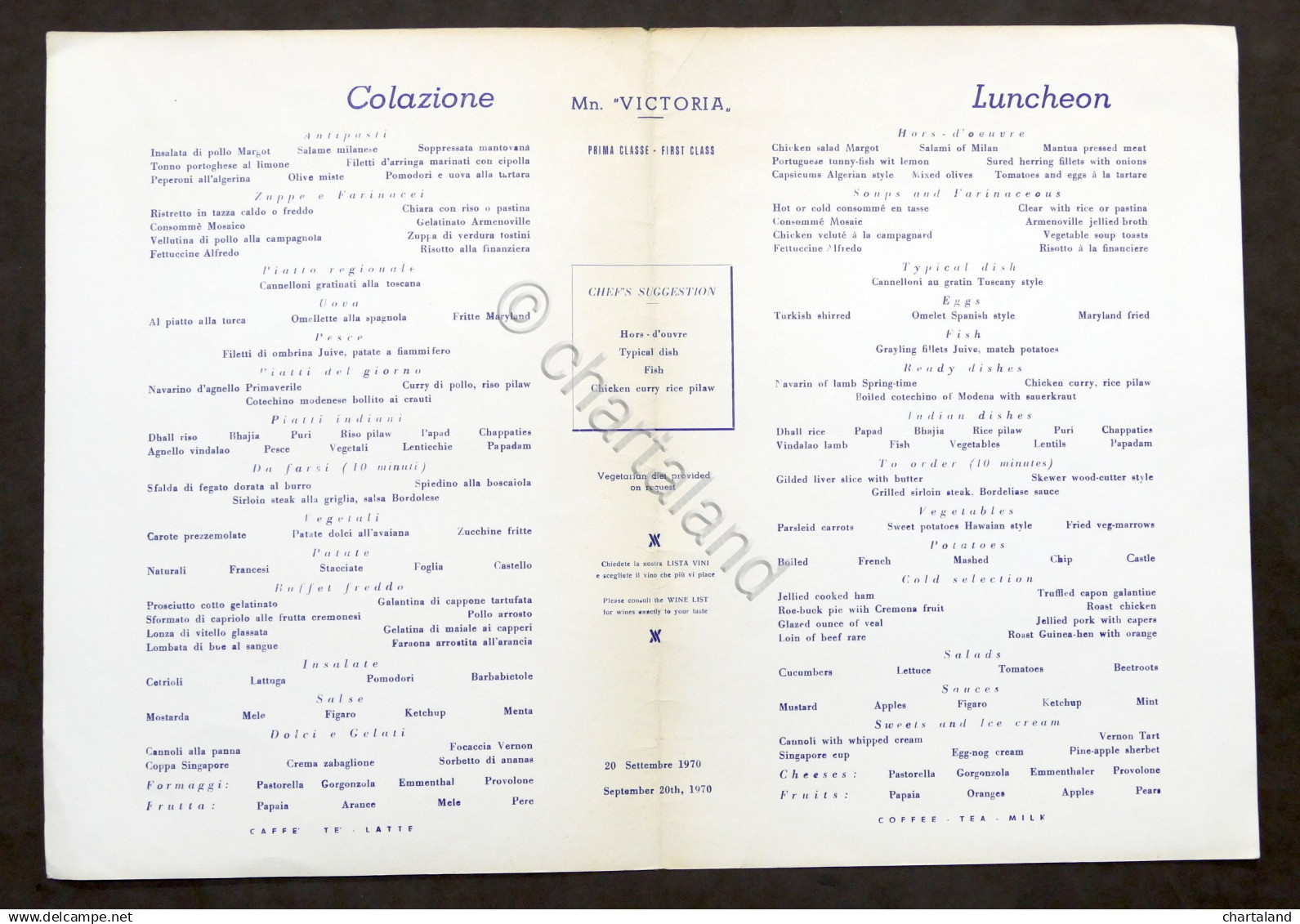 Collezionismo Menu Navi LLOYD Triestino Mn. Victoria - Pranzo 20 Settembre 1970 - Menu