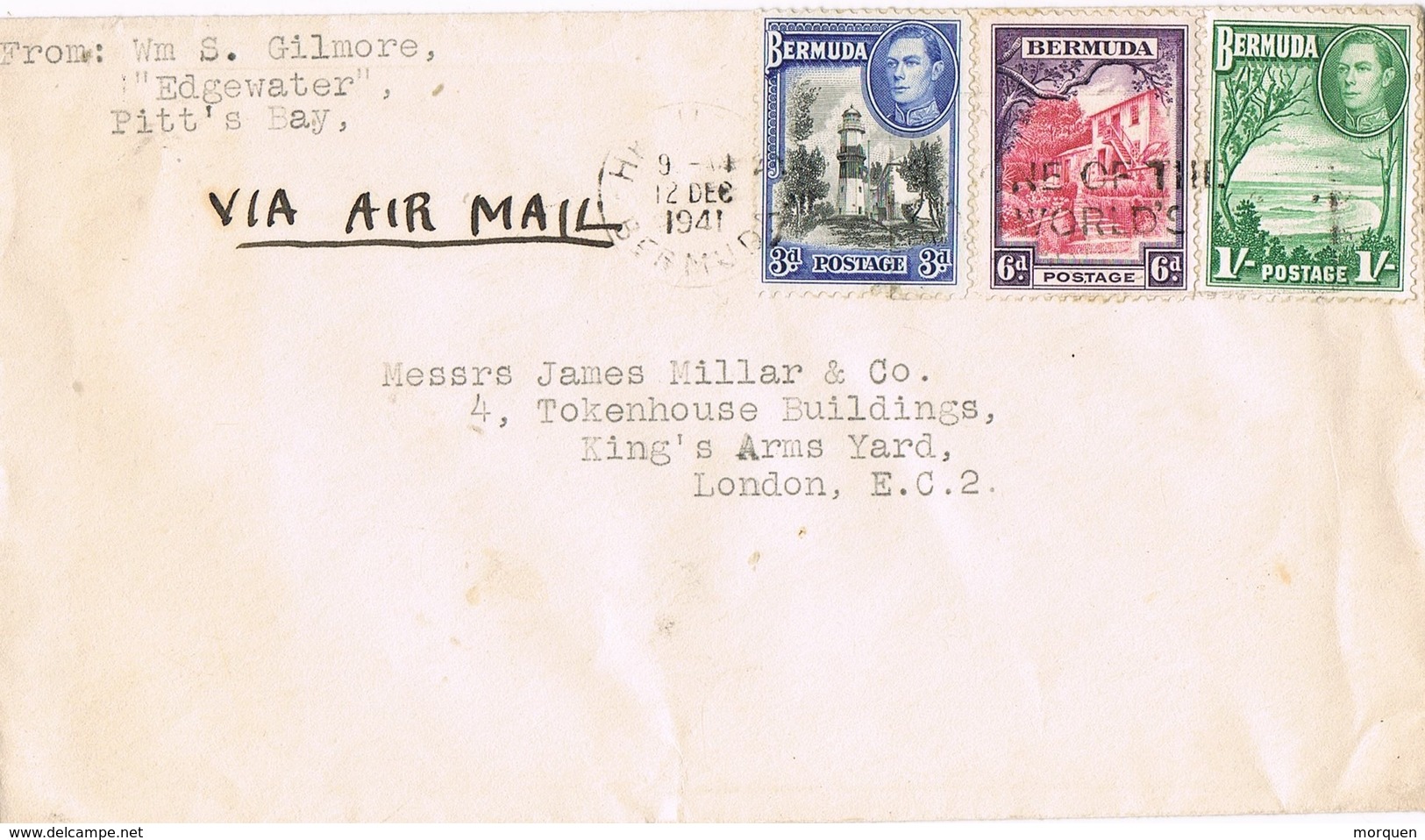 29943. Carta Aerea PITT'S BAY (bermuda) 1941. Fechador HAMILTON - Bermudas