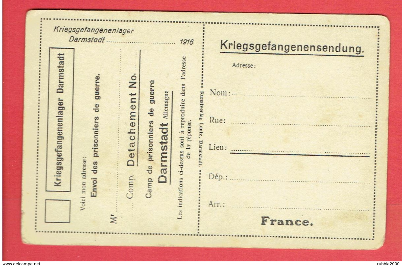 CARTE POUR PRISONNIERS DE GUERRE 1916 CAMP DE DARMSTADT ALLEMAGNE KRIEGSGEFANGENENSENDUNG MONUMENT AUX MORTS - Weltkrieg 1914-18