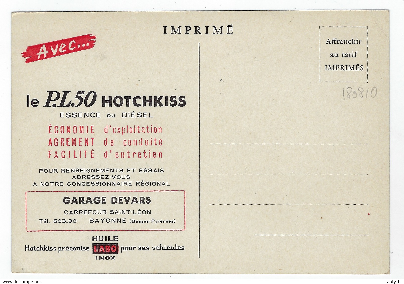 Carte Publicitaire PL 50 HOTCHKISS - Garage DEVARS Bayonne St. Léon - Bayonne