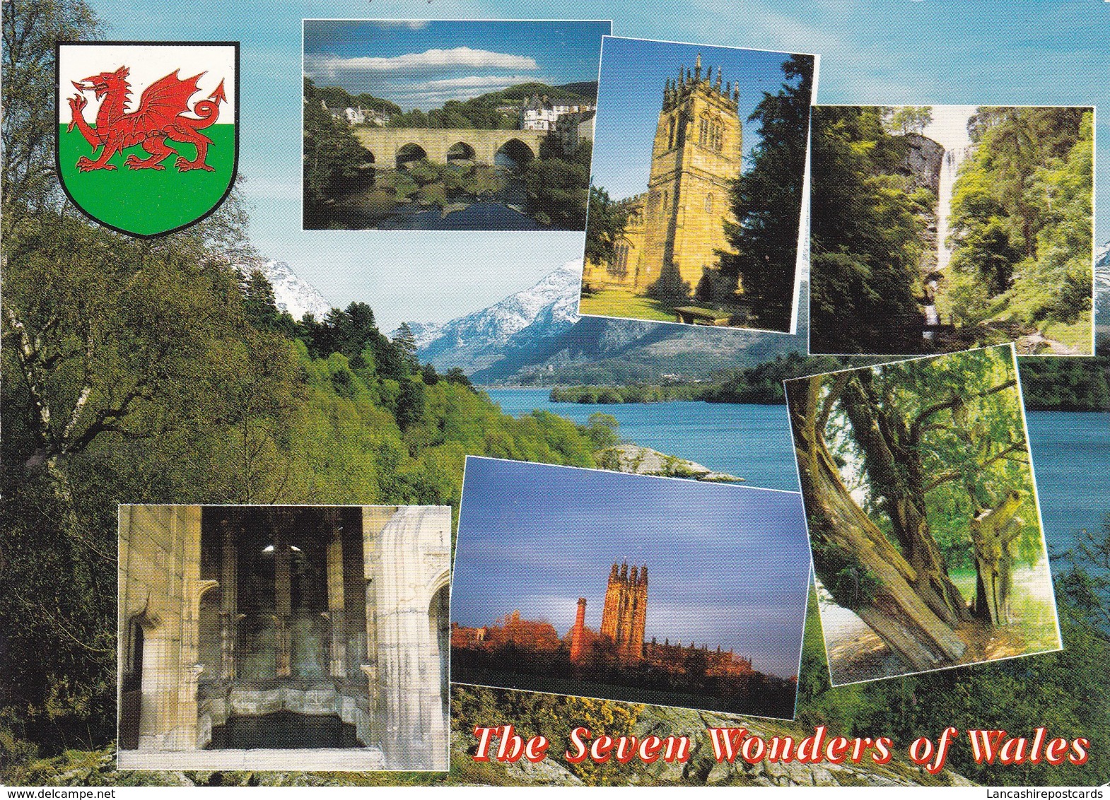 Postcard The Seven Wonders Of Wales Wrexham Steeple Snowdon Overton Llangollen Bridge Gresford My Ref  B23121 - Sonstige & Ohne Zuordnung