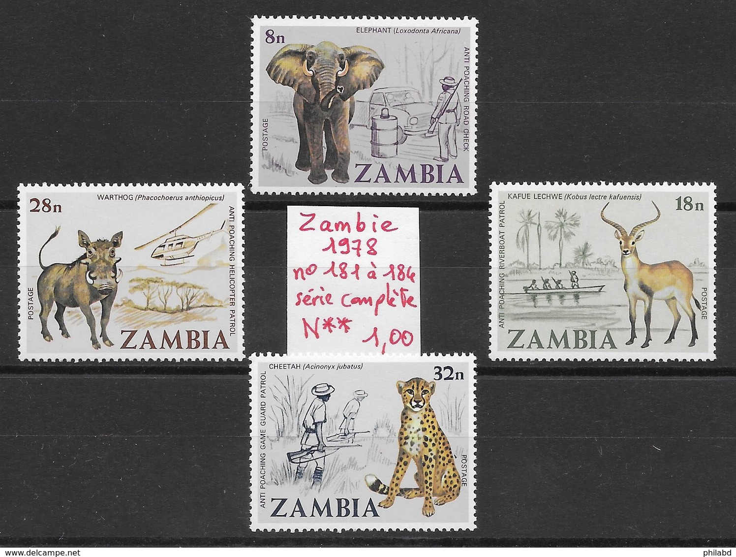 Mammifère Antilope éléphant Guépard Phacochère - Zambie N°181 à 184 1978 ** - Autres & Non Classés