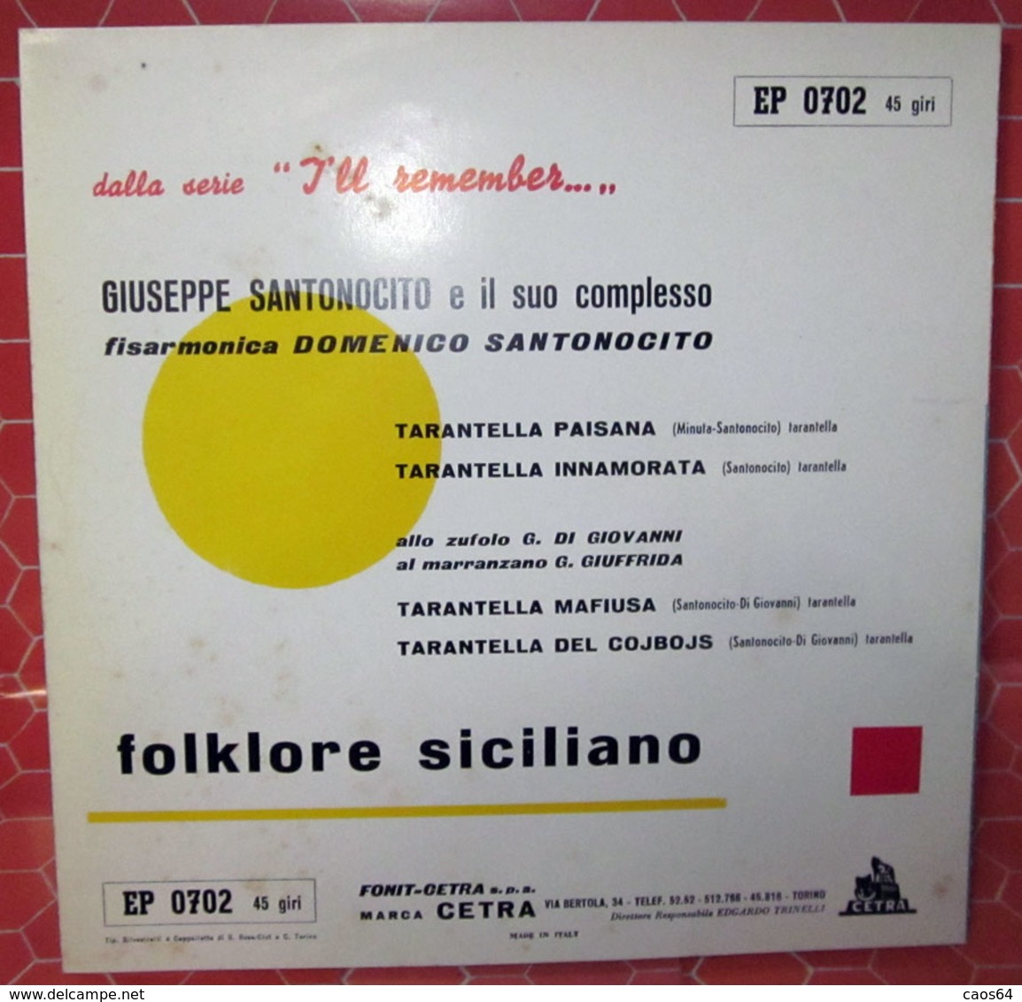 COMPLESSO SANTONOCITO SICILIA COVER NO VINYL 45 GIRI - 7" - Accessories & Sleeves