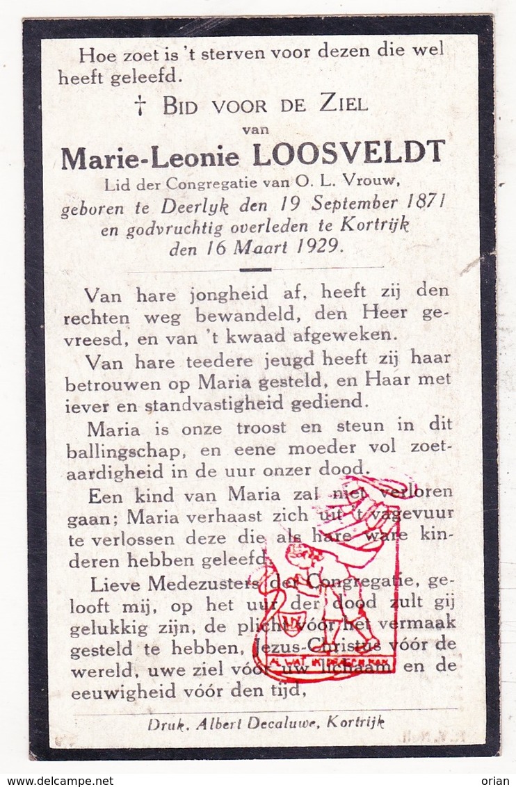 DP Marie L. Loosveldt ° Deerlijk 1871 † Kortrijk 1929 - Devotieprenten