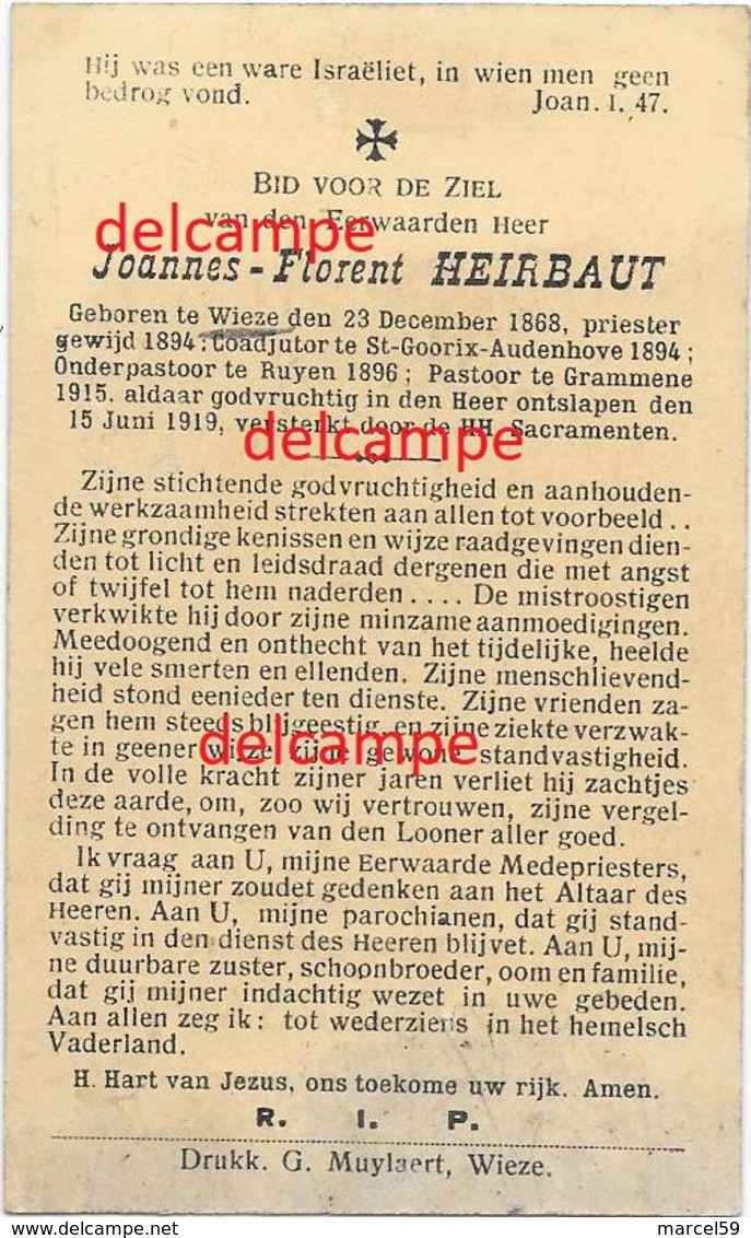 Doodsprentje Florent Heirbaut Wieze1868 Pastoor Te Grammene En Aldaar Overleden 1919 O/Pastoor Te Ruien Bidprentje - Images Religieuses