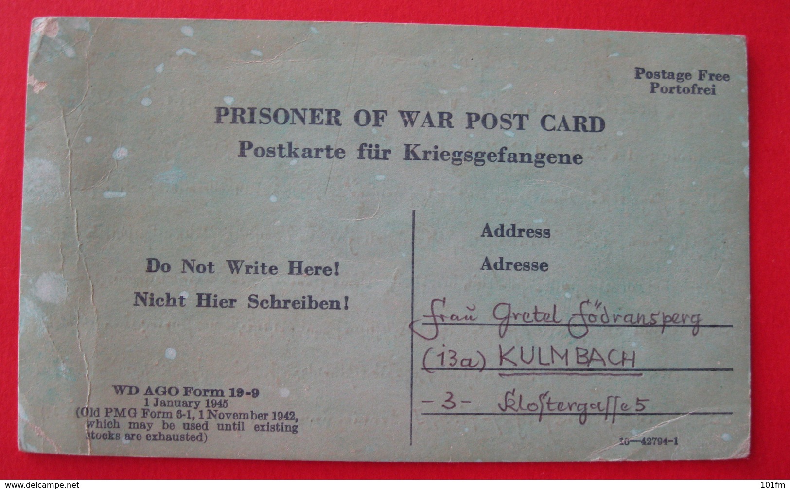 PRISONER OF WAR POSTCARD TO KULMBACH - GERMANY - War 1939-45