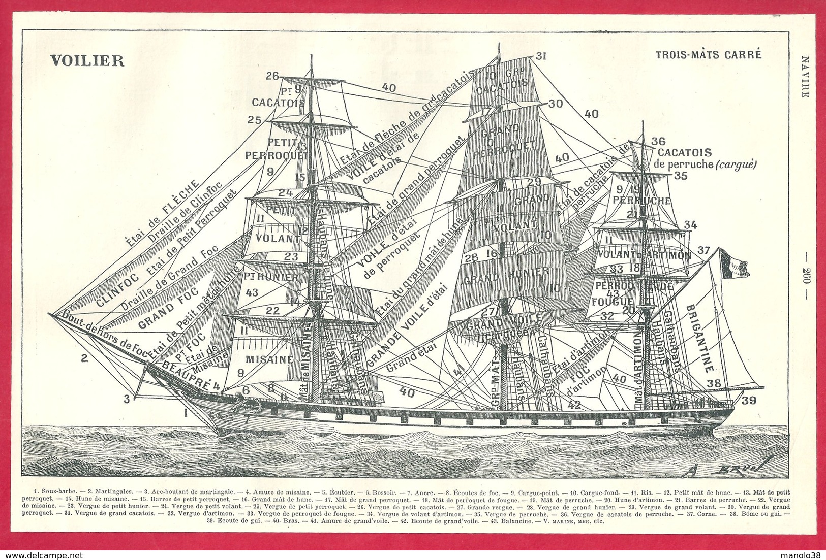 Voilier, Trois Mâts Carré, Nom Des Voiles Et Des Cordes, Illustration A Brun Recto, Signaux De Navigation, Larousse 1908 - Other & Unclassified