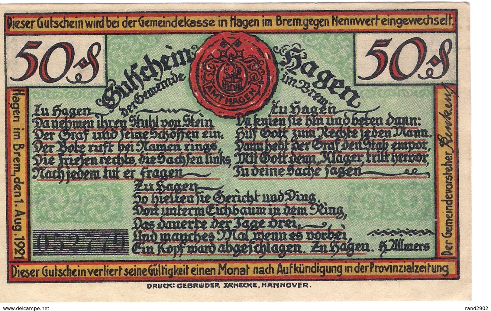 Deutschland Notgeld 50 Pfennig Mehl499.1 HAGEN /60M/ - Lokale Ausgaben