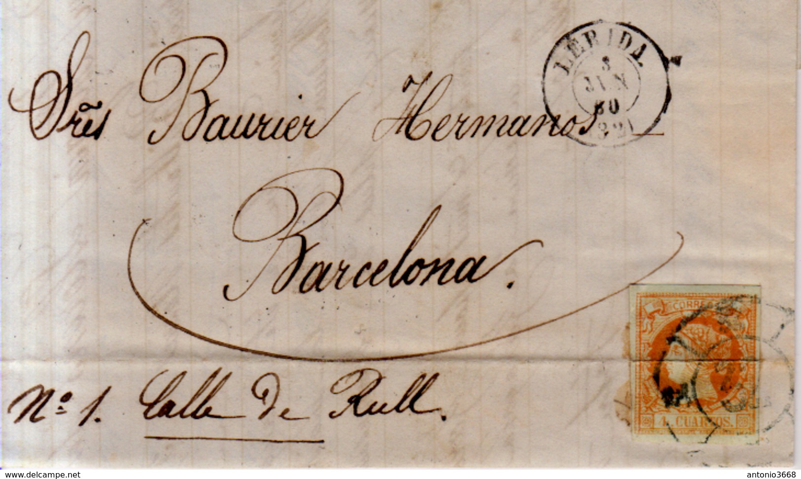 Año 1860 Edifil 52 4c Isabel II Carta Matasellos Rueda De Carreta AZUL 32 Lerida - Briefe U. Dokumente