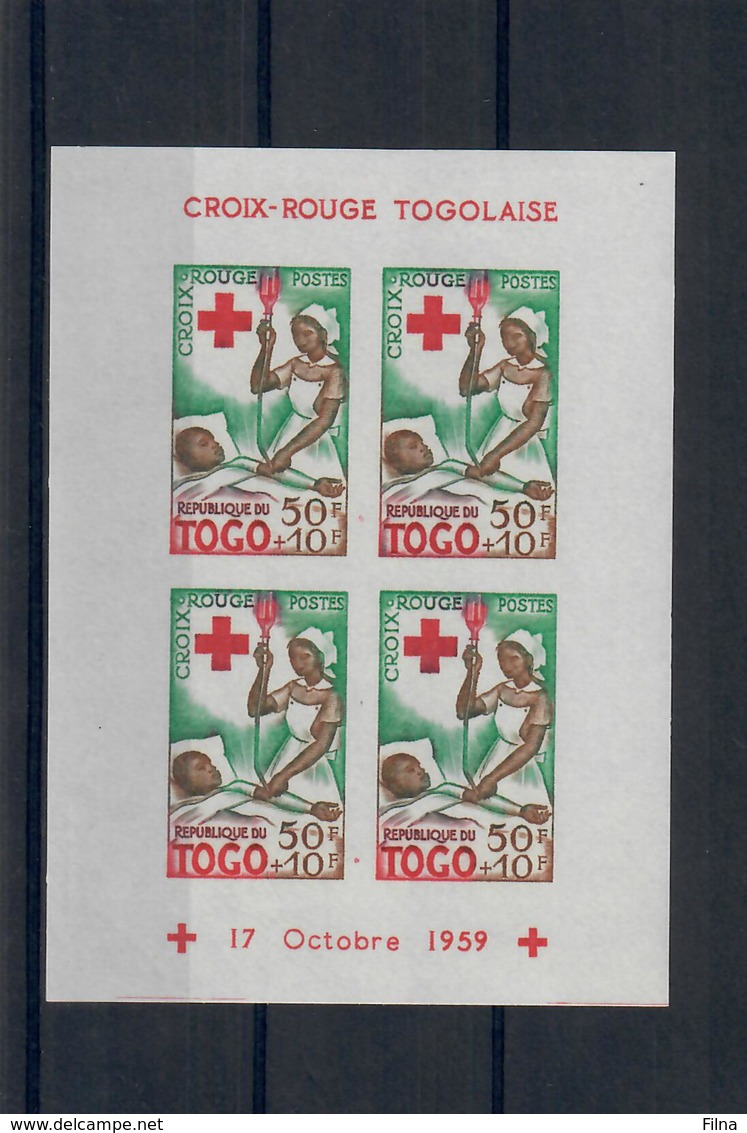 TOGO 1959 - 100° CROCE ROSSA - 3 FOGLIETTI DENTELLATI E 3 NON DENTELLATI - MNH** - Togo (1960-...)