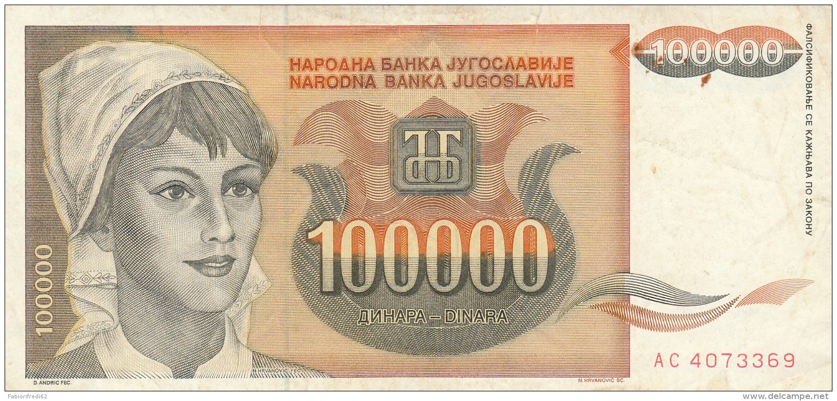 BANCONOTA JUGOSLAVIA 100000 DINARA-VF (Z1551 - Jugoslavia