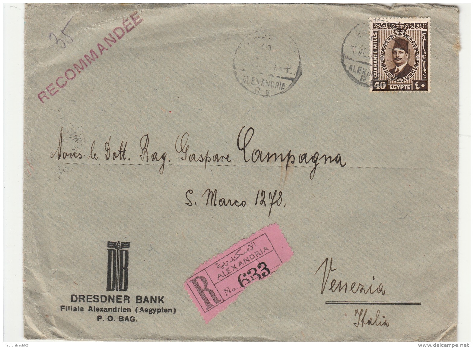 RACCOMANDATA 1935 DA EGITTO PER ITALIA TIMBRO VENEZIA NAPOLI ESTERO-AMBULANTE ROMA -TRIESTE (Z1608 - Storia Postale