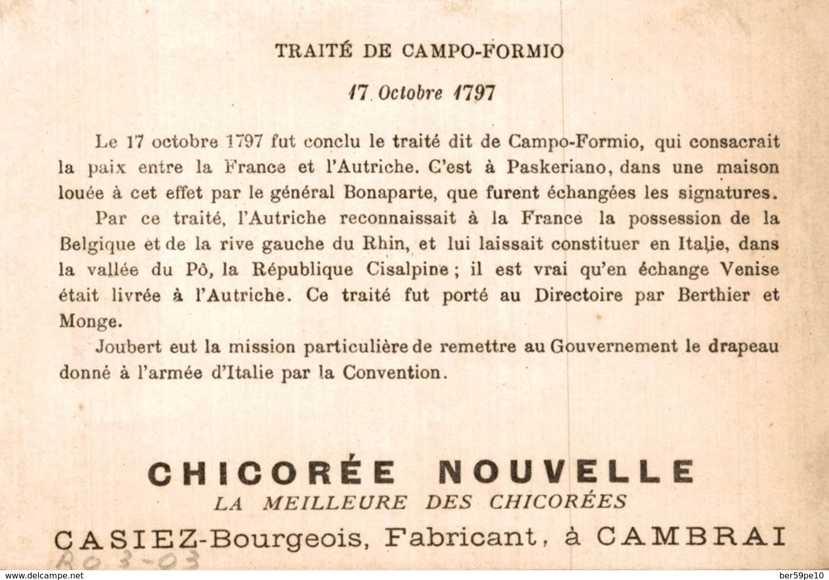 CHROMO  CHICOREE NOUVELLE CASIEZ-BOURGEOIS  CAMBRAI  TRAITE DE CAMPO-FORMIO - Otros & Sin Clasificación