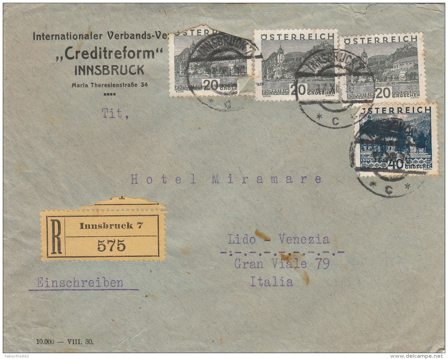 RACCOMANDATA 1930 DA AUSTRIA PER ITALIA TIMBRI INNSBRUCK-VENEZIA--NON PERFETTA (Z1703 - Storia Postale